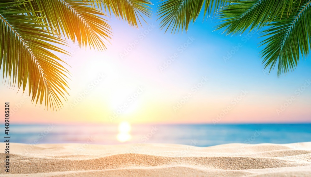 Fototapeta premium Tropical leaves with sun flares and gradient sky