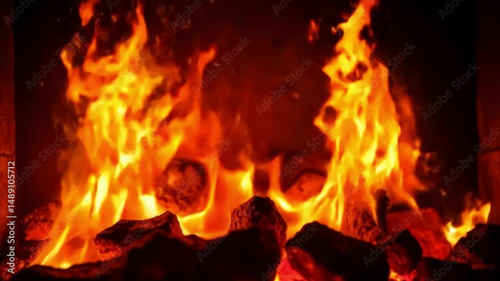 Fiery flames dancing over burning embers.