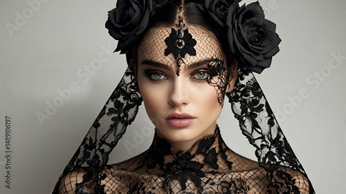 Surreal Black Lace and Flowers Fashion women Portrait – A Digital Artwork Concept On White Background.
