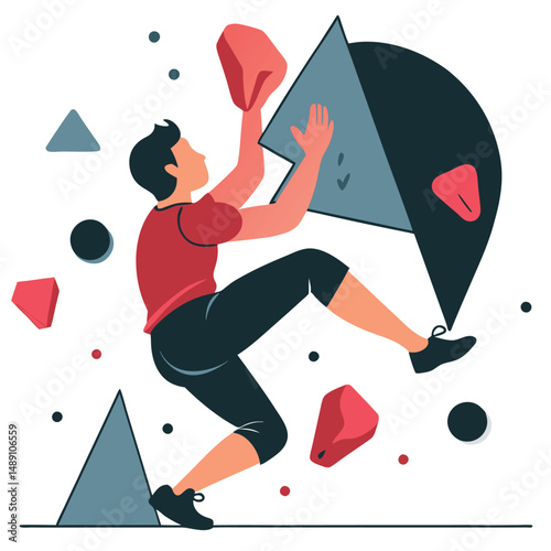 Illustrated Concept of an Indoor Bouldering Climbing Wall with Colorful Holds and Routes