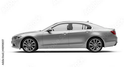 Modern Silver/Grey Sedan Car Side Profile View, 3D Render Isolated on White Studio Background, Automotive Concept