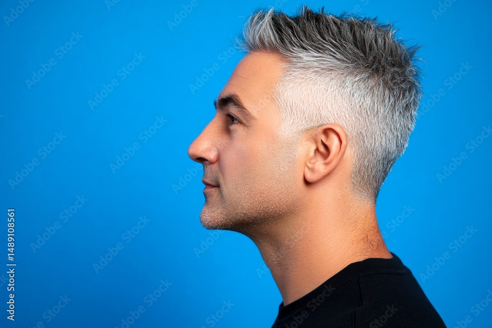 Obraz premium Blue solid background. A trendy and radiant male showcasing style. Conceptual art of style for aging men. Trendy men's two-block cut haircut - midlife middle eastern man with short hair.
