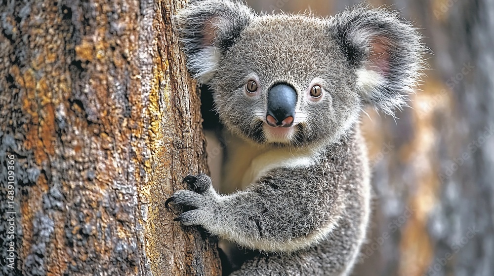Obraz premium Cute koala clinging to tree