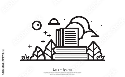 Study Books with Trees Sun, Moon, Stars, Education Concept on Transparent Background