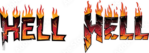 HELL Text Vector set – Fiery Cracked Rock Style Bold Typography with Molten Texture, Flames, and Smoke Effect, Devil Tail Accent, Isolated Design for Edgy Stickers, T-Shirts, and Digital Art