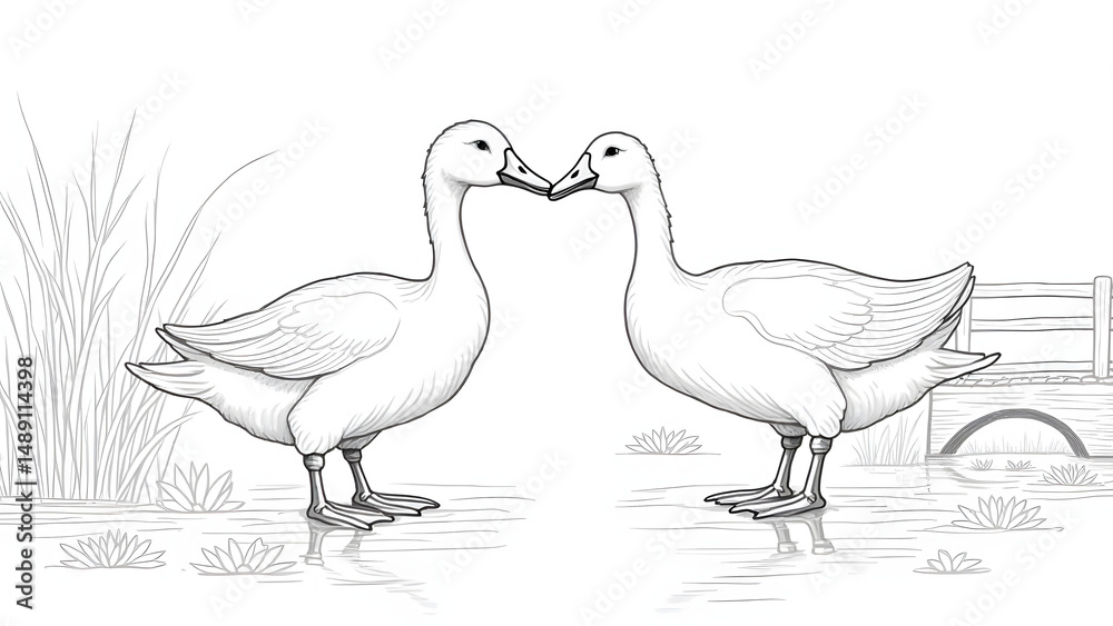 Obraz premium Duck and goose greeting line art with pond scene, detailed black outlines on light gray for children's coloring.
