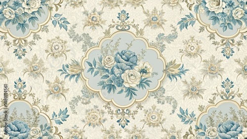 Elegant floral pattern with ornate frames and a repeating design of delicate blossoms and foliage in a pastel palette.