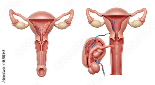 Detailed anatomical illustration of the female reproductive system, showcasing ovaries, uterus, and surrounding structures