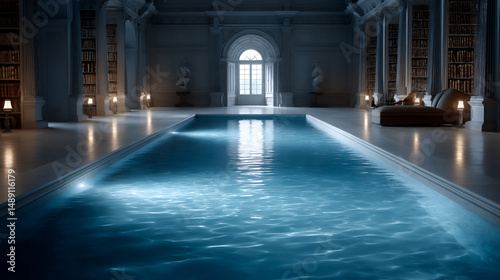 a grand library filled with water instead of books