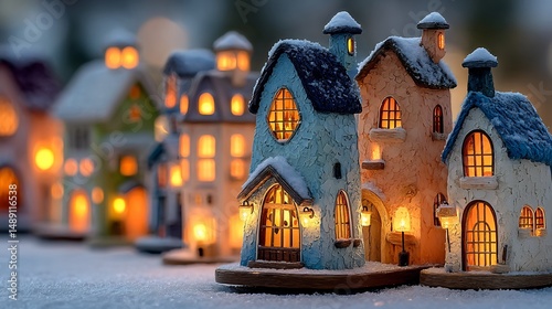 Christmas tiny snowy village diorama glowing windows and snowy rooftops cozy holiday vibe
