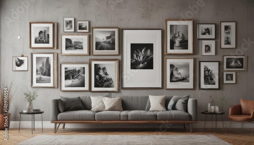 Modern gallery wall, diverse frames, stylish decor, gallery wall,  contemporary