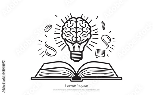 BrainShaped Light Bulb Above Open Book With Idea Icons in Sketch Style