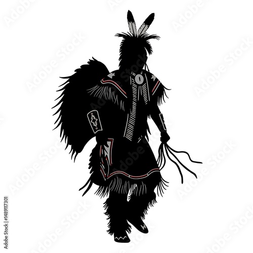 Native American Indigenous People Silhouette Art  Powerful Tribal Warrior Figure in Traditional Regalia
