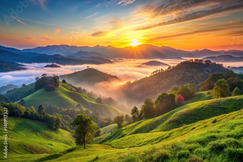 Serene Sunrise Over Rolling Hills and Misty Valley A Breathtaking Panorama of Nature's Majesty