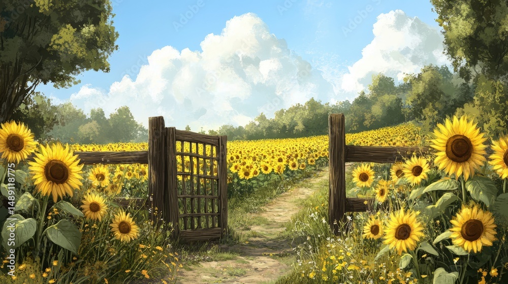Fototapeta premium Rustic wooden gate leading through a sunflower field on a sunny day.