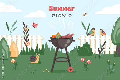 BBQ party. Barbecue background with brazier, grill, steaks, meat food, vegetables at home. Bbq time. Family dinner. Vector cartoon illustration for banner, holiday card, summer picnic, flyer, poster