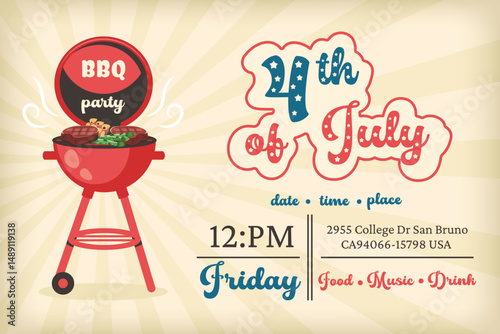4th of July background. American Independence Day. Bbq party with brazier, steaks, vegetables. Barbecue grill. Picnic elements. Vector flat illustration for invitations, banners,  flyers