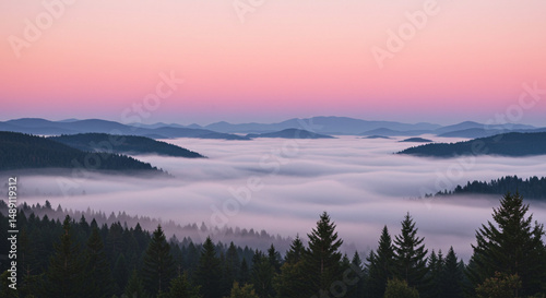 Pink Sunrise Over Snowless Pine Mountains and Valleys
