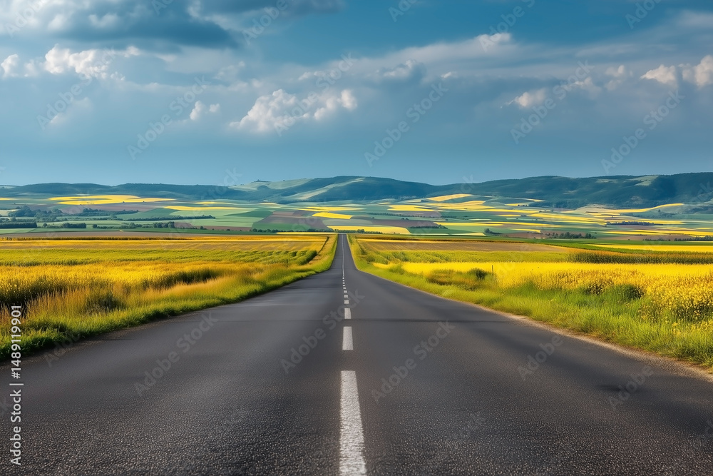 Fototapeta premium Realistic summer road through vibrant yellow flower fields and colorful farmland under blue sky, bright and peaceful rural countryside landscape, travel and nature concept
