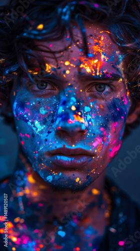 Close-up portrait of man with glowing neon paint on face