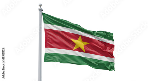 Suriname flag waving proudly against a clear blue sky, symbolizing national pride and identity in a vibrant setting
