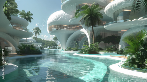 Futuristic tropical resort with white domed villas and clear water