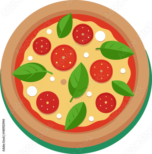 Pizza with ham and rocket salad isolate on vector art illustration