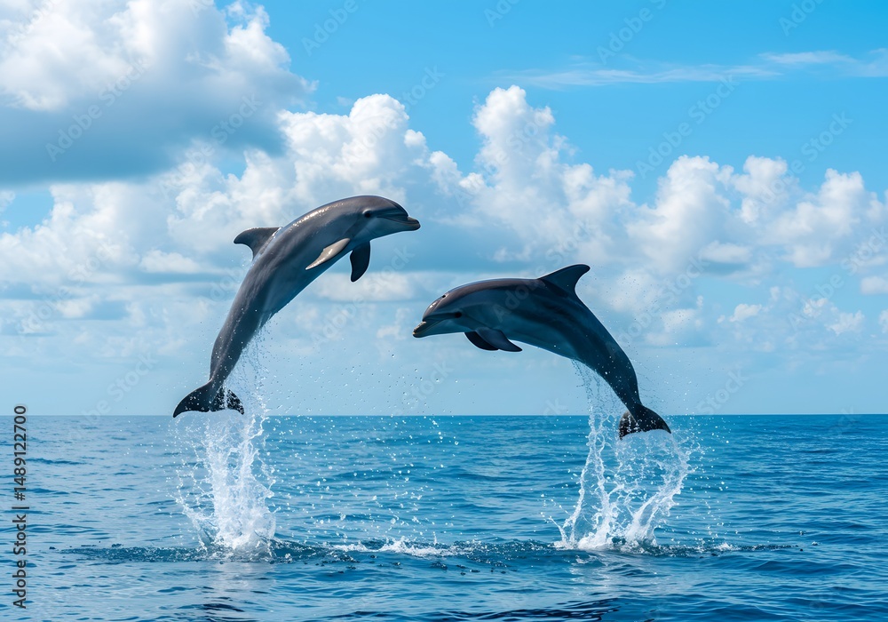 Obraz premium Dolphins leaping joyfully in ocean under sunny sky