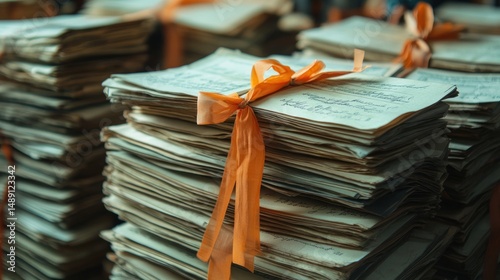 Aged paper documents stacks with orange ribbons close up view