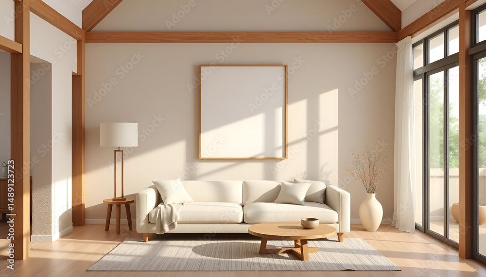 Fototapeta premium wide japandi living room with wood accents, textured walls, empty frame mockup above sofa, soft light and neutral palette decor