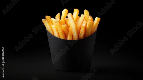 Golden fried potatoes in dark container on sleek black background studio