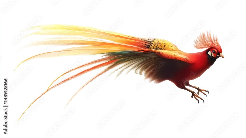 Obraz premium Vibrant mythical bird illustration with radiant plumage on a white background