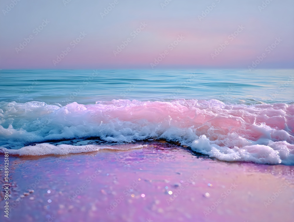 Fototapeta premium Dreamy pastel waves rolling onto a pink and purple shore at dusk