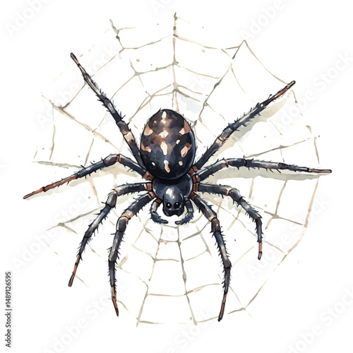 Spider Weaving Its Web, watercolor vector, high quality, isolated on a white background.