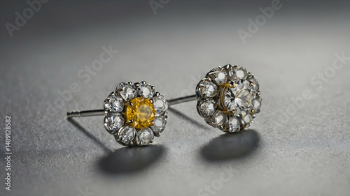 Close-up of exquisite diamond and yellow gemstone stud earrings.