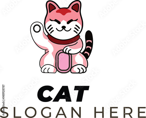 Kawaii Salmon Pink Lucky Cat — Fortune Cat Illustration