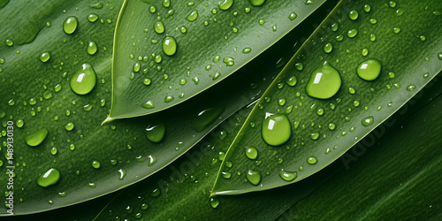Close-up of overlapping wet green leaves showing fine texture and water detail perfect for nature freshness or eco-product imagery