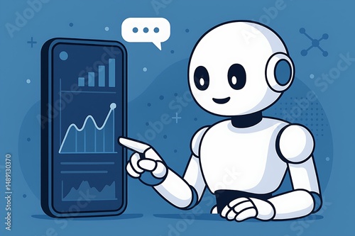 Friendly Robot Analyzing Smartphone Business Data Graphs Charts