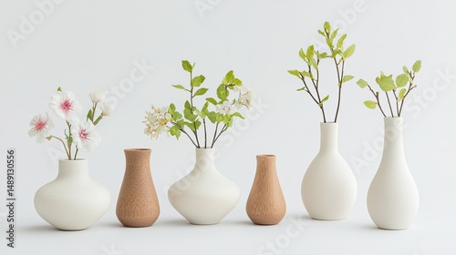 A tasteful arrangement of ceramic vases, soft linen textures, and natural wooden accents, exuding simplicity and sophistication