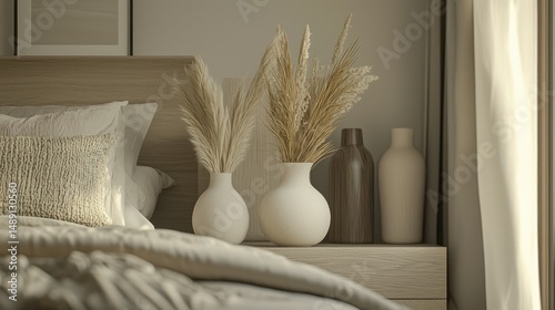 A tasteful arrangement of ceramic vases, soft linen textures, and natural wooden accents, exuding simplicity and sophistication