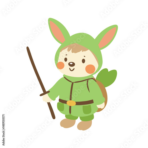 Cute Forest Explorer Cartoon Mascot in Green Bunny Suit – Adventure Character for Kids