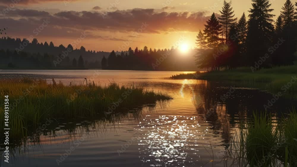 4K loop showing a tranquil lakeside view at dusk, with soft waves, warm colors, and scenic natural surroundings including hills and pine trees.