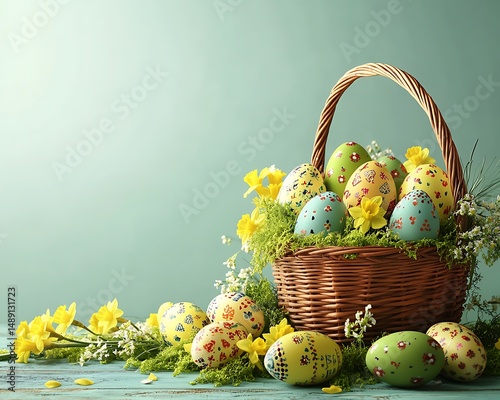 Easter Eggs in Basket, spring flowers