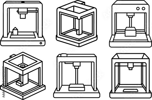 Set of 3d printer outline vector and illustration, coloring book page