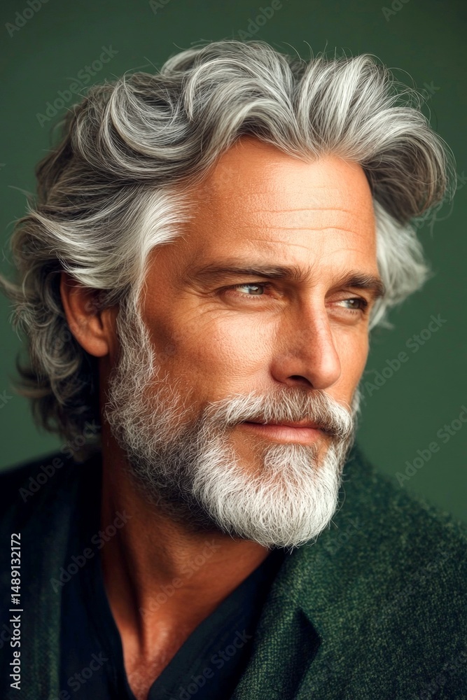 Obraz premium Idea of style for aging men. Fashionable men's side part haircut - midlife white man with grey hair. A stylish haircut framing a fashionable manâ€™s face. Green solid background.