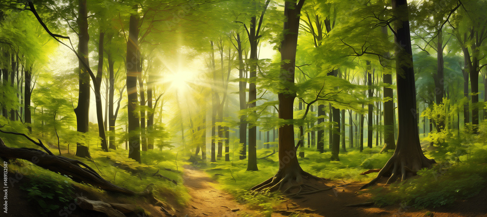 Obraz premium Sunlight filtering through dense green forest creating a peaceful woodland scene ideal for nature backgrounds and environmental themes
