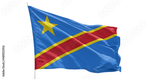 Vibrant flag of the Democratic Republic of the Congo waving against a clear blue sky, symbolizing national pride and identity