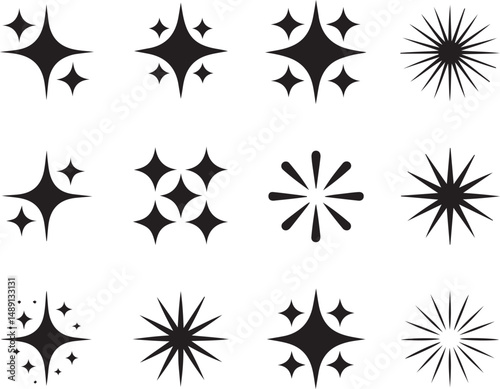 Collection of unique black starburst and sparkle shape icons vector on white background