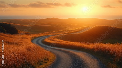 Wallpaper Mural Winding road through golden fields at sunset.  A scenic landscape bathed in warm sunlight Torontodigital.ca