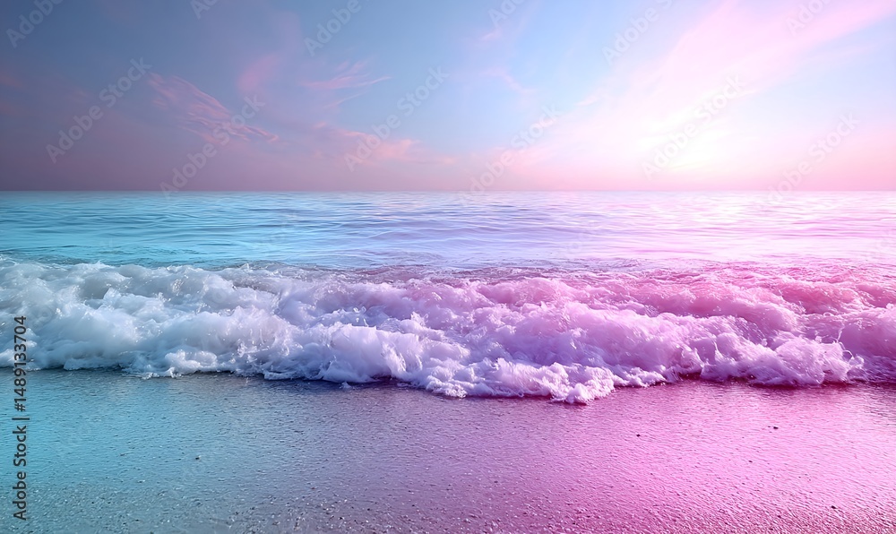 Fototapeta premium Dreamy pastel waves rolling onto a pink and purple shore at dusk